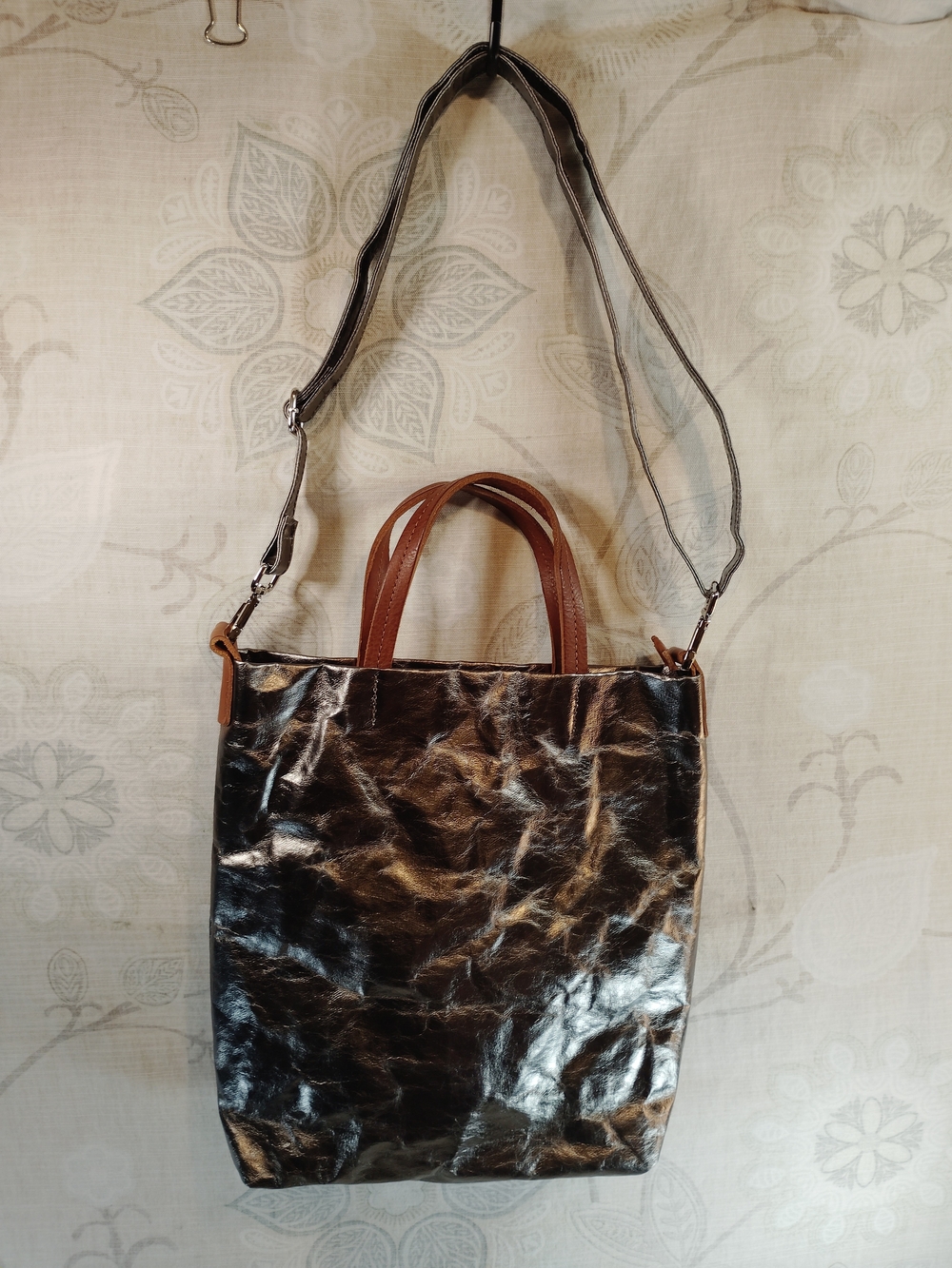 Uashmama Otti Stylish Metallic Dark Grey Crossbody Tote with Brown Handles